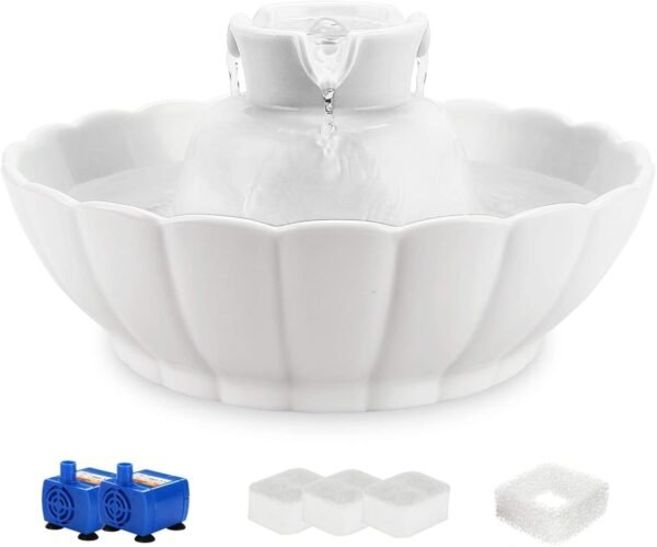 Ceramic Cat Water Fountain, Heavy-Duty Waterer for Pets, 2.1 Liters / 2.2 Quart Filtered Water Purifier with Replacement Filters and Foam, White