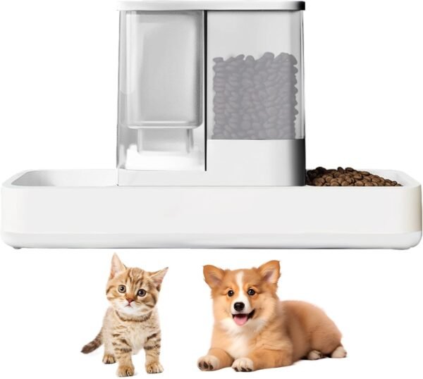 Automatic Cat Feeder and Water Dispenser, 2 in 1 Gravity Pet Food Feeder and Water Dispenser Detachable Cat Food Dispenser for Small Dogs and Cats, White