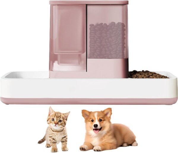 Automatic Cat Feeder and Water Dispenser, 2 in 1 Gravity Pet Food Feeder and Water Dispenser Detachable Cat Food Dispenser for Small Dogs and Cats, Pink