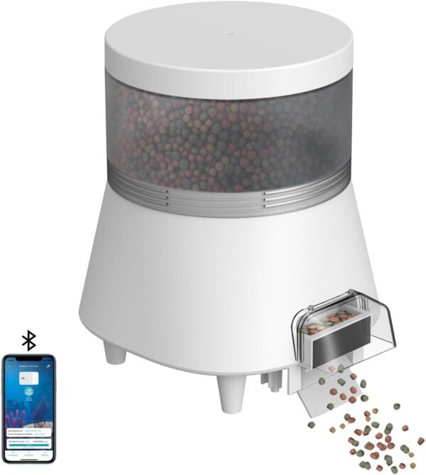 Large Automatic Fish Feeder for Pond Outdoor Rainproof Koi Fish Feeder, Bluetooth APP Programming, Rechargeable Battery and DC 5V Powered, Capacity 4L White