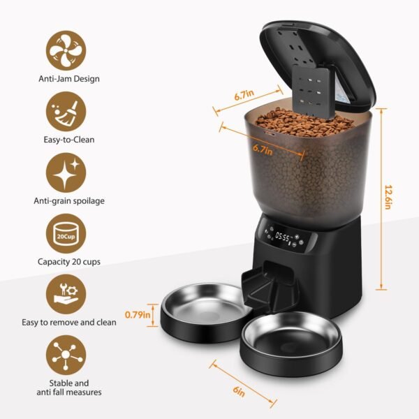 Automatic Cat Feeder and Water Fountain, 5L/20 Cups Timed Cat Dry Food Dispenser, 10s Meal Call, 20 Portions 6 Meals Per Day, 2L Cats Fountains for Drinking with Filter, Pet Feeder for Dog Black - Image 2