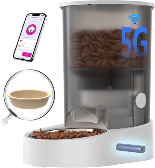 Automatic Cat Feeder, 4L Auto Dog Cat Feeder with Rechargeable Battery & Dual-Band WiFi (2.4G & 5G), Automatic Pet Food Dispenser for Outdoor Travel Home - Ceramic Bowl Included