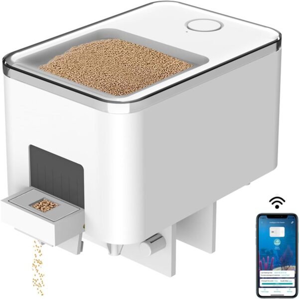 WiFi Automatic Fish Feeder for Aquarium, Food Dispenser for Fish Tank with App Control, USB Powered, Suitable for Small Fish Tank Pelleted Food, White