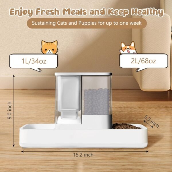Automatic Cat Feeder and Water Dispenser, 2 in 1 Gravity Pet Food Feeder and Water Dispenser Detachable Cat Food Dispenser for Small Dogs and Cats, White - Image 2