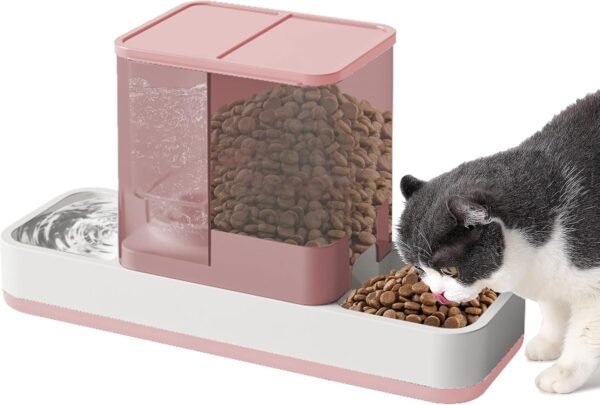Automatic Small Pet Feeder and Water Dispenser, 2 in 1 Gravity Cat Auto Pet Feeder and Waterer Set Feeder Dish for Small Medium Pets Dog Puppy Kitten (Pink)