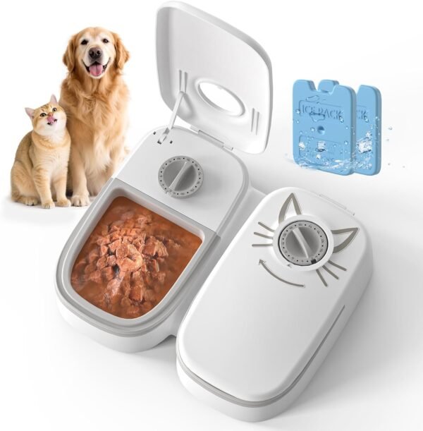 Automatic 2-Meal Cat Feeder - 48H Timed Wet Cat Food Refrigerated Dispenser with 2 Ice Packs for Puppies and Kittens in Yogurt and Canned (Extra Large)