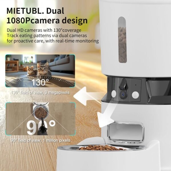 Automatic Cat Feeder with 2 Cameras 1080P HD with Night Vision Pet Food Dispenser Two-Way Voice and Audio Dog Smart WiFi Dog & Cat Feeder Programmable Schedule Slow Bowl White - Image 2