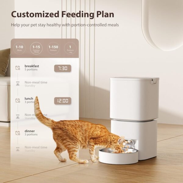 5L/21 Cups Automatic Cat Feeder, Timed Automatic Pet Feeders, Cat Dry Food Dispenser Dual Power, 10 Meals Programmable 1-15 Portion Control Cats Feeder, Pet Food Dispenser for Cats & Puppy(Not WiFi) - Image 2