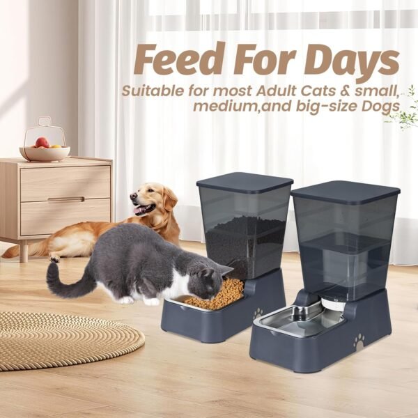 Automatic 5.4L/1.4Gal Pet Waterer, Automatic Dog Water Dispenser Gravity Stainless Steel Water Feeder, Large Capacity Feeding Bowls for Cats and Medium & Large-Sized Dogs (Black, Food+Water) - Image 2