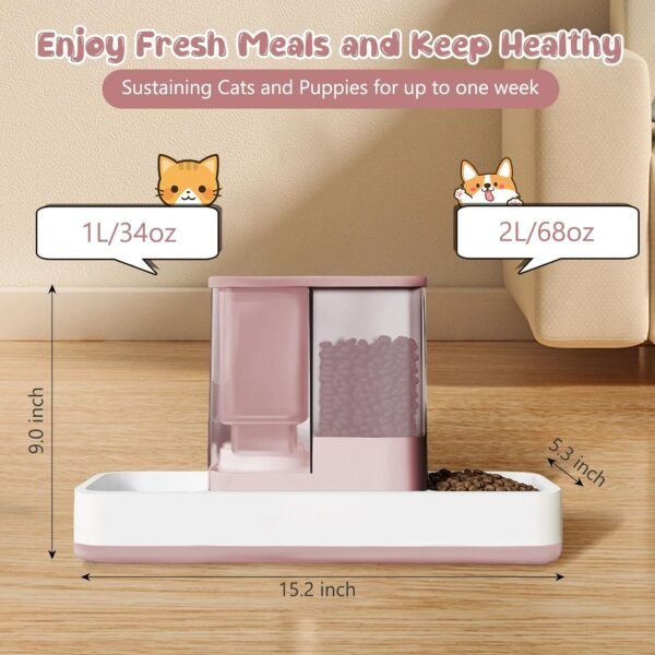 Automatic Cat Feeder and Water Dispenser, 2 in 1 Gravity Pet Food Feeder and Water Dispenser Detachable Cat Food Dispenser for Small Dogs and Cats, Pink - Image 2