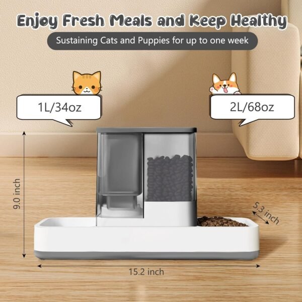 Automatic Cat Feeder and Water Dispenser, 2 in 1 Gravity Pet Food Feeder and Water Dispenser Detachable Cat Food Dispenser for Small Dogs and Cats, Gray - Image 2