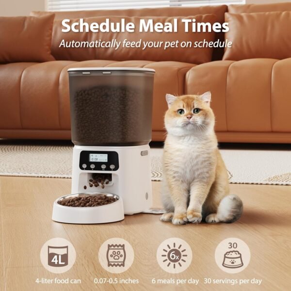 Automatic Cat Feeder,4L Timed Cat Dry Food Dispenser,Pet Feeder up to 6 Meals and 30 Portions per Day,10S Voice Record,Flexible Schedule Timer,Dual Power,Stainless Steel Bowl, for Cats and Small Dogs - Image 2