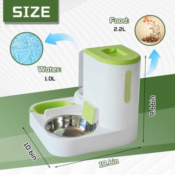 Automatic Cat Food and Water Dispenser Set 2 in 1,All-in-One Gravity Pet Feeder with Stainless Steel Cat Food Bowl Travel Auto Supply Feeder and Water Dispenser for Small Medium Cats Dogs (Green) - Image 2