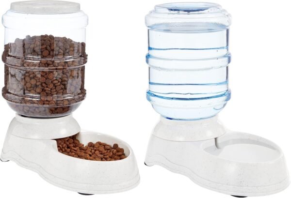 Automatic Dog Cat Water Dispenser Gravity Feeder Set, Pack of 2, Small, 6-Pound Food Capacity, 1-Gallon, Gray